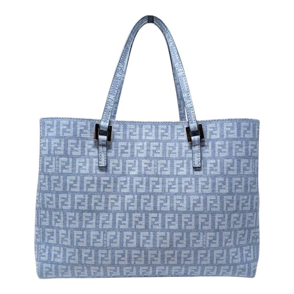 Fendi Zucchino FF Monogram Tote Handbag Light Blue Silver Hardware - Picture 4 of 12